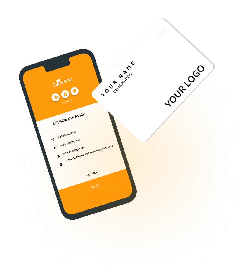 Zustap smart business card with NFC and digital contact sharing Digital business card interface on smartphone with a white NFC smart card by Zustap