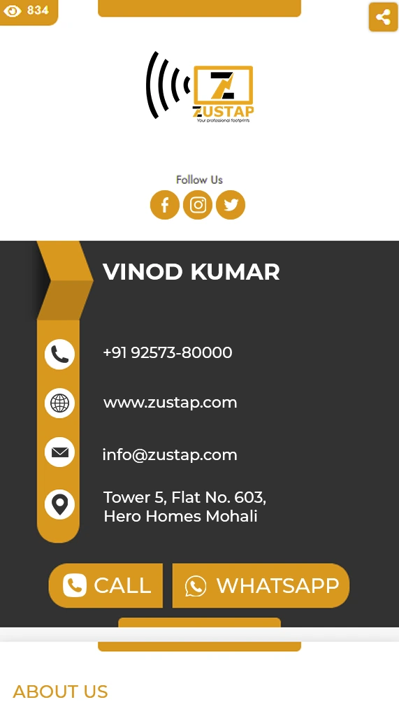 Digital business card of Vinod Kumar from Zustap with contact options for call and WhatsApp.