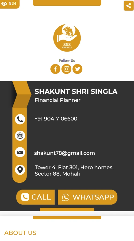Digital business card of Shakunt Shri Singla, Financial Planner at SSS Finance, with contact details.