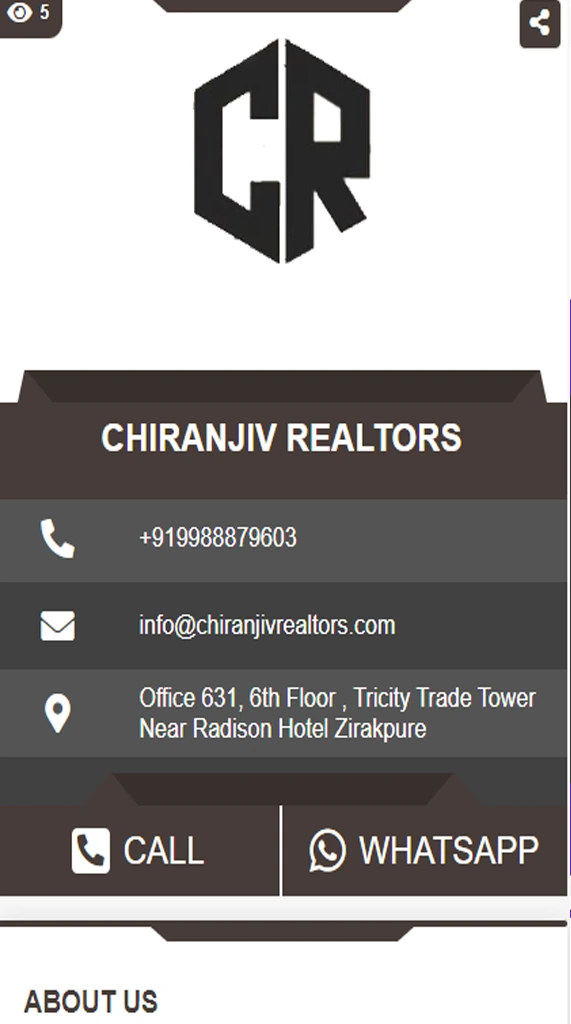 Chiranjiv Realtors business card with contact details and office address near Radison Hotel Zirakpur.
