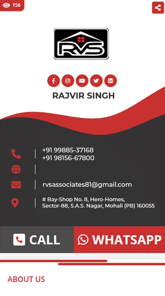 Digital contact card of Rajvir Singh from RVS Associates with phone, email, and Mohali address.