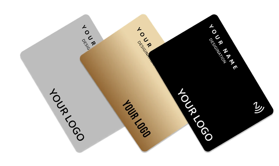 Premium NFC-enabled business cards with customizable logo and name Modern metallic NFC business cards in silver, gold, and black